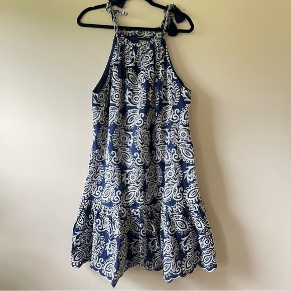 Taylor Navy Eyelet Embroidered A-Line Sleeveless Dress w/ Scalloped Trim Size 14 - Picture 2 of 10